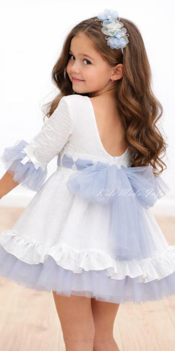 Vestido de Ceremonia y Arras para Niña Blanco con Fajín de Tul Azul Empolvado – Nekenia 2621831