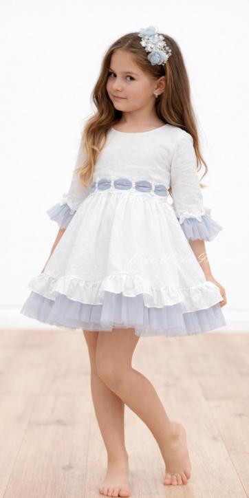 Vestido de Ceremonia y Arras para Niña Blanco con Fajín de Tul Azul Empolvado – Nekenia 2621831 [1]