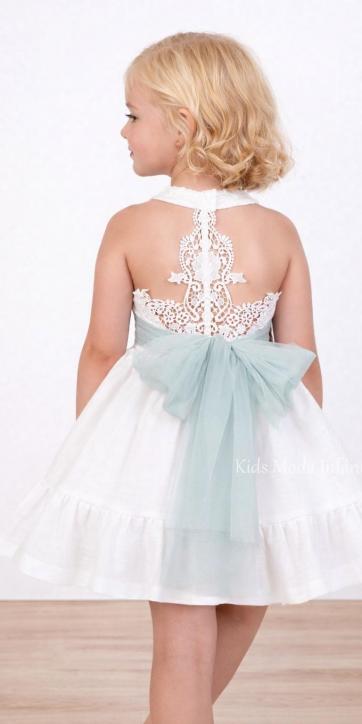 Vestido ceremonia y arras niña blanco con fajín verde agua y espalda de encaje – Nekenia 2621812