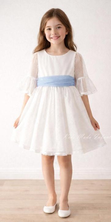 Vestido ceremonia niña tul topo con fajín azul Coco Acqua Ceremonia 60444