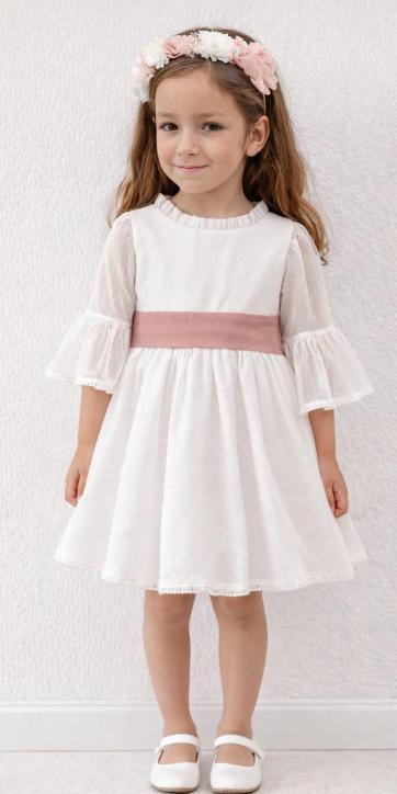 Vestido arras niña blanco tul con fajín lino rosa empolvado Coco Acqua Ceremonia 60444 [3]