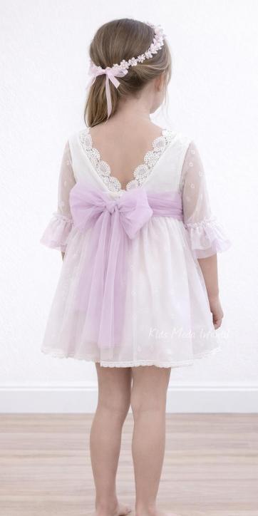 Vestido ceremonia niña blanco media manga con fajín lila de Eva Martínez Artesanía 38111CBG [2]