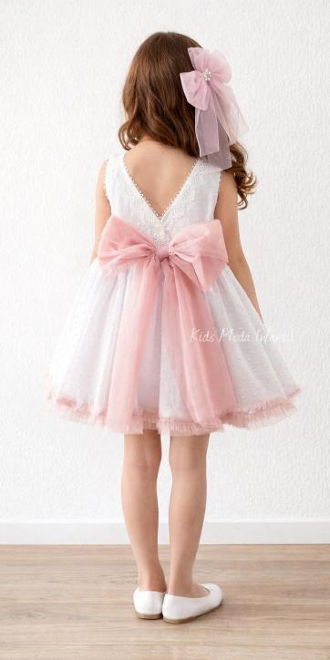 Vestido ceremonia niña de plumeti blanco con fajín tul rosa empolvado Eva Martínez Artesanía