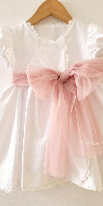 Vestido Ceremonia Arras para Niña en Jacquard Blanco con Fajín Rosa – Kids Moda Infantil [1]