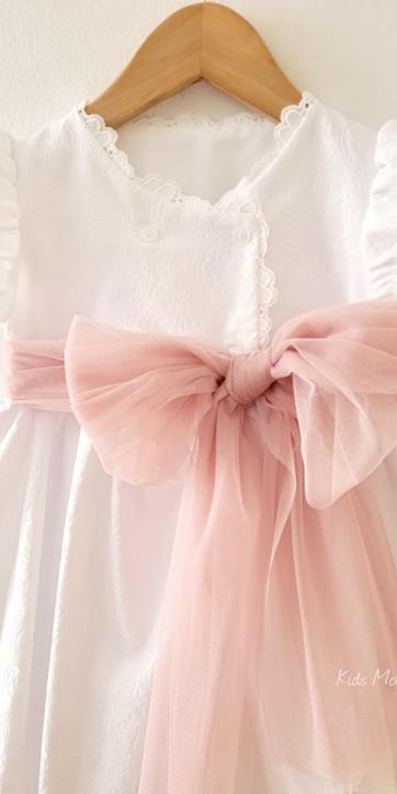Vestido Ceremonia Arras para Niña en Jacquard Blanco con Fajín Rosa – Kids Moda Infantil [5]