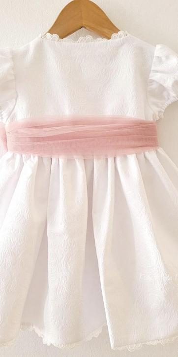 Vestido Ceremonia Arras para Niña en Jacquard Blanco con Fajín Rosa – Kids Moda Infantil [3]