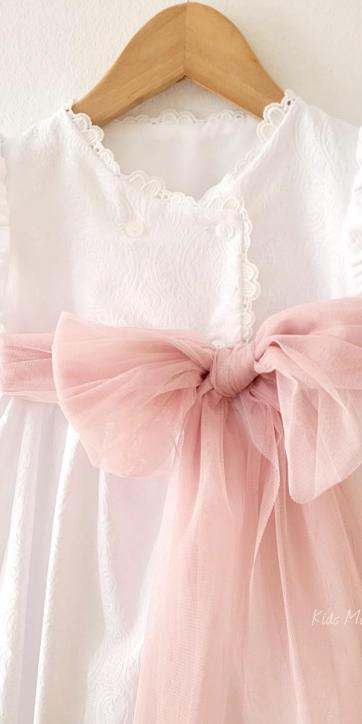 Vestido Ceremonia Arras para Niña en Jacquard Blanco con Fajín Rosa – Kids Moda Infantil [6]