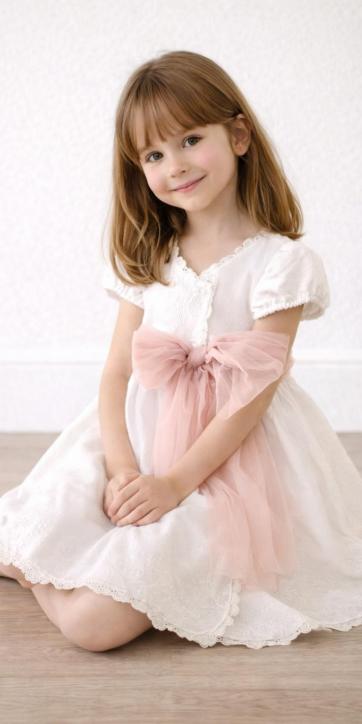 Vestido Ceremonia Arras para Niña en Jacquard Blanco con Fajín Rosa – Kids Moda Infantil [4]