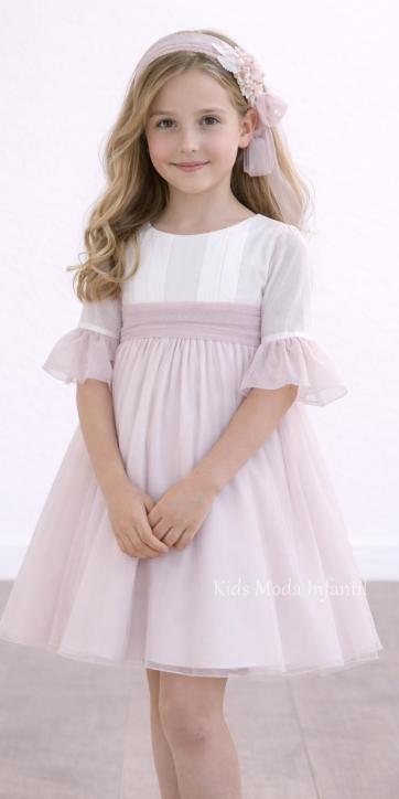 Vestido ceremonia y arras niña blanco roto con detalles rosa topo | Eva Martínez Artesanía [0]