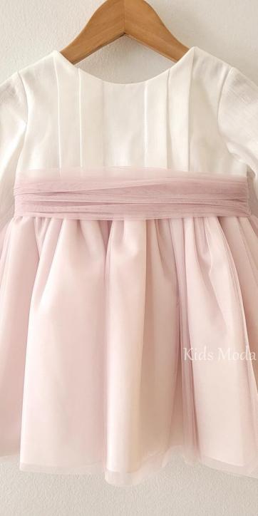Vestido ceremonia y arras niña blanco roto con detalles rosa topo | Eva Martínez Artesanía [1]