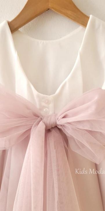 Vestido ceremonia y arras niña blanco roto con detalles rosa topo | Eva Martínez Artesanía [6]