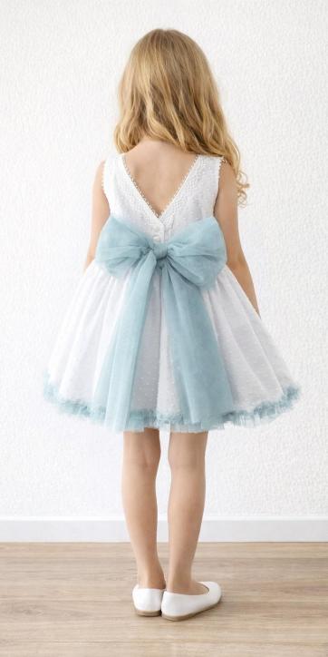Vestido ceremonia niña de plumeti blanco con fajín tul verde agua Eva Martínez Artesanía [2]