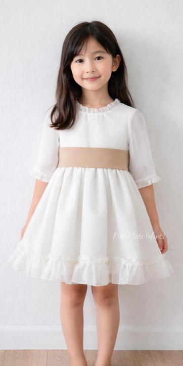 Vestido arras niña plumeti cristal con fajín lino camel Eva Martinez Artesanía 32111 [4]