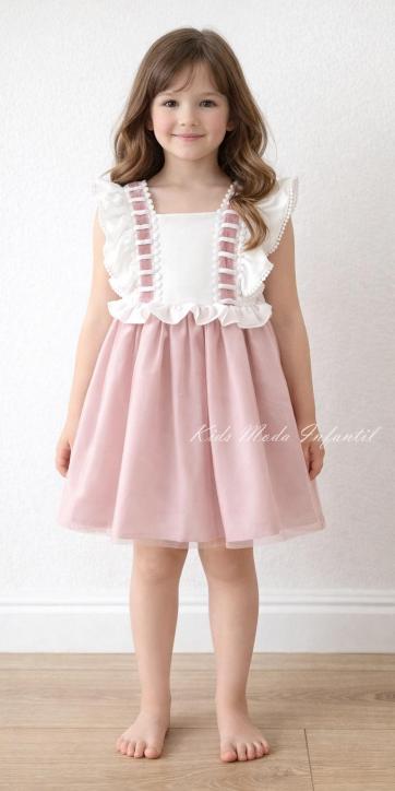 Vestido de Ceremonia y Arras Niña Tul Rosa Empolvado con Volantes – Fabricación Española | Kids Moda Infantil