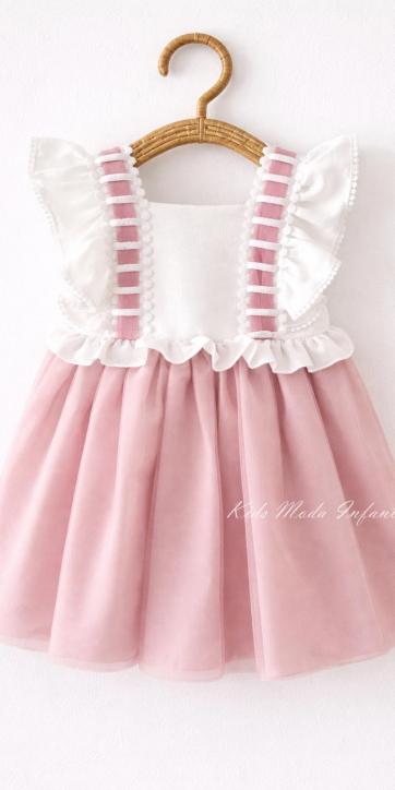 Vestido de Ceremonia y Arras Niña Tul Rosa Empolvado con Volantes – Fabricación Española | Kids Moda Infantil [1]
