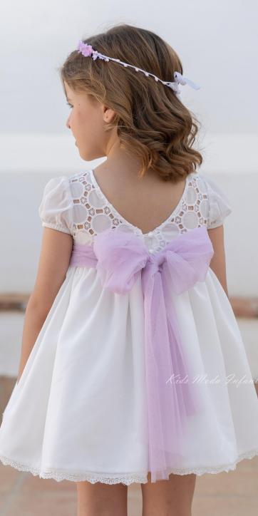 Vestido de Ceremonia y Arras Niña Eva Martínez Artesanía en Gasa Bordada con Lazo Lila [2]