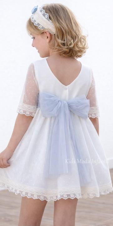 Vestido Ceremonia y Arras Niña Tul Beige Topito y Azul Grisáceo – Eva Martínez Artesanía