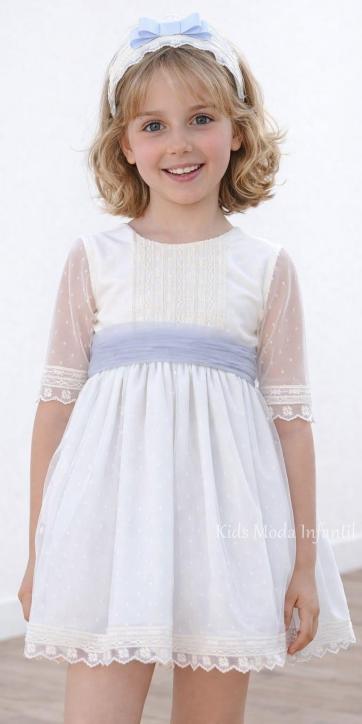 Vestido Ceremonia y Arras Niña Tul Beige Topito y Azul Grisáceo – Eva Martínez Artesanía [2]