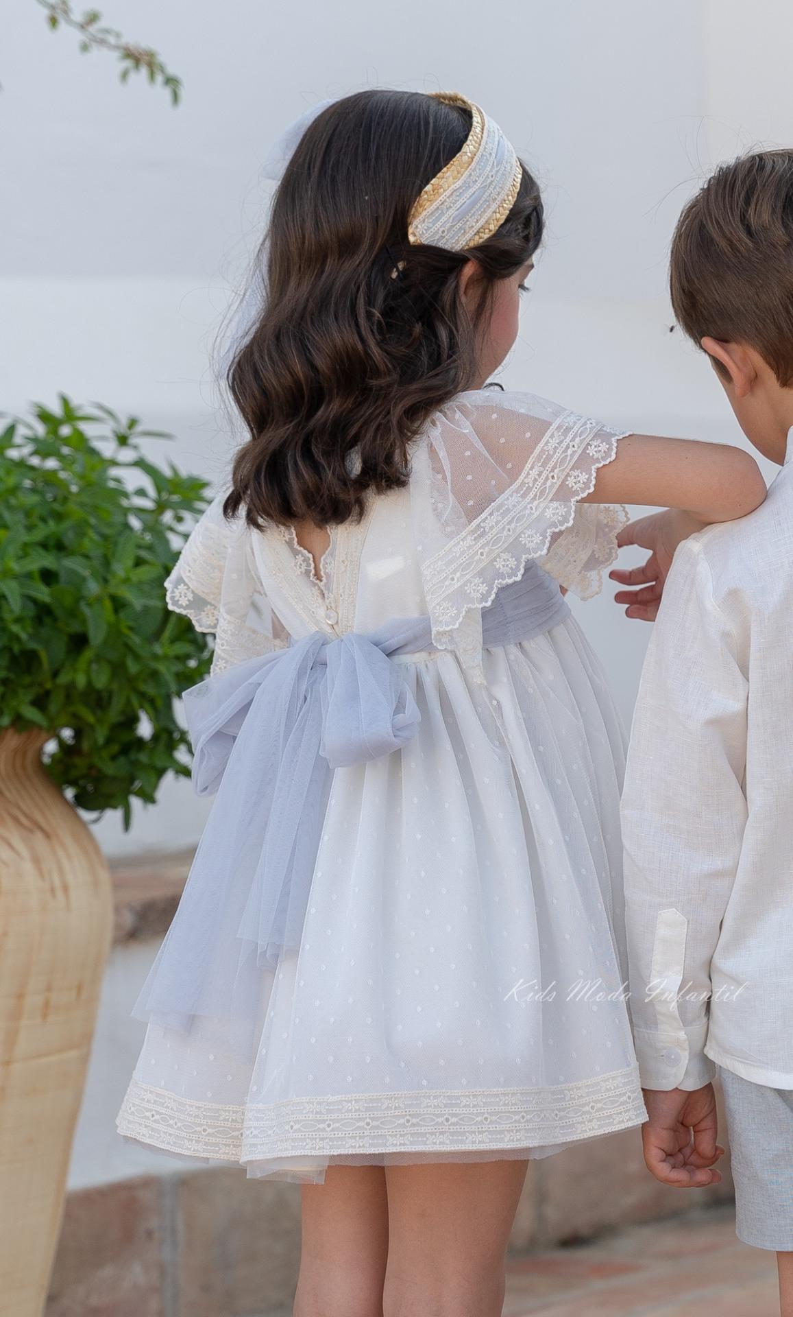 Vestido Ceremonia y Arras Niña Tul Beige Topito – Eva Martínez Artesanía