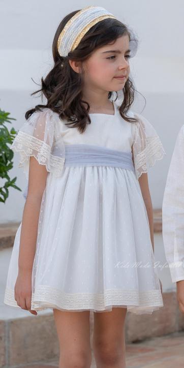 Vestido Ceremonia y Arras Niña Tul Beige Topito – Eva Martínez Artesanía [1]