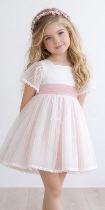 Vestido Ceremonia y Arras Niña Manga Corta de Tul Rosa Empolvado – Eva Martínez Artesanía Familia 6