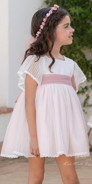 Vestido Ceremonia y Arras Niña Manga Corta de Tul Rosa Empolvado – Eva Martínez Artesanía Familia 6 [4]