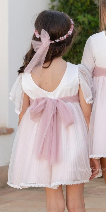Vestido Ceremonia y Arras Niña Manga Corta de Tul Rosa Empolvado – Eva Martínez Artesanía Familia 6 [1]