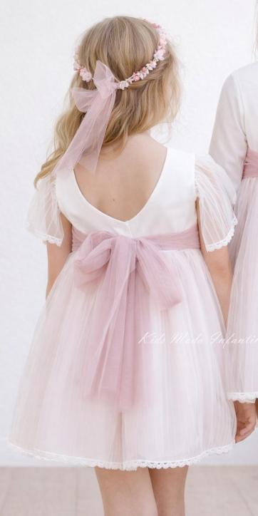 Vestido Ceremonia y Arras Niña Manga Corta de Tul Rosa Empolvado – Eva Martínez Artesanía Familia 6 [4]