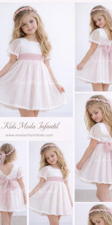 Vestido Ceremonia y Arras Niña Manga Corta de Tul Rosa Empolvado – Eva Martínez Artesanía Familia 6 [3]