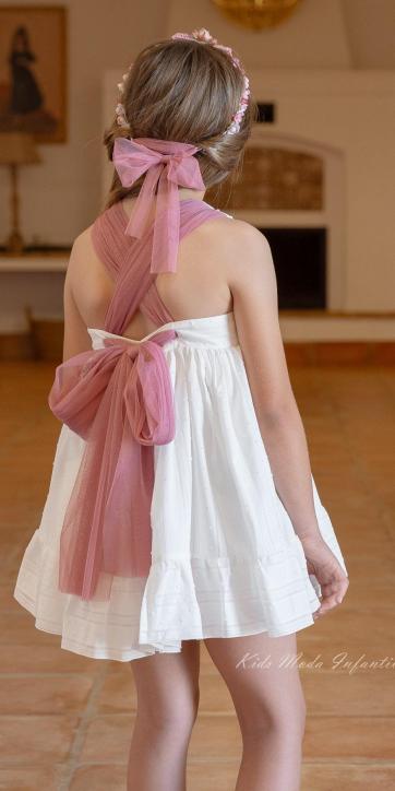 Vestido Ceremonia y Arras Niña Espalda Cruzada Tul Rosa Fuerte – Eva Martínez Artesanía Familia 6