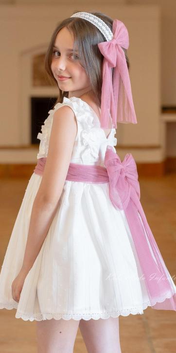 Vestido Ceremonia y Arras Niña con Lazo de Tul Rosa – Eva Martínez Artesanía Familia 6 [1]