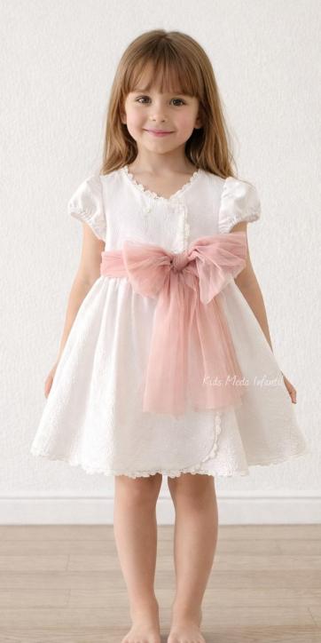 Vestido Ceremonia Arras para Niña en Jacquard Blanco con Fajín Rosa – Kids Moda Infantil [0]