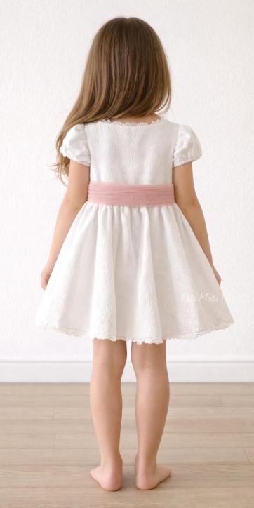 Vestido Ceremonia Arras para Niña en Jacquard Blanco con Fajín Rosa – Kids Moda Infantil [2]