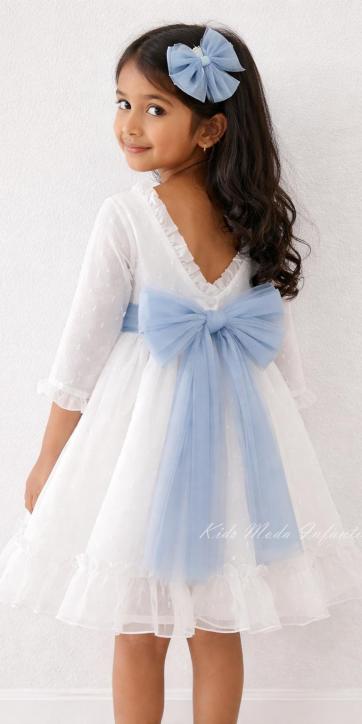 Vestido arras niña manga larga plumeti cristal y fajín tul azul 32111ML
