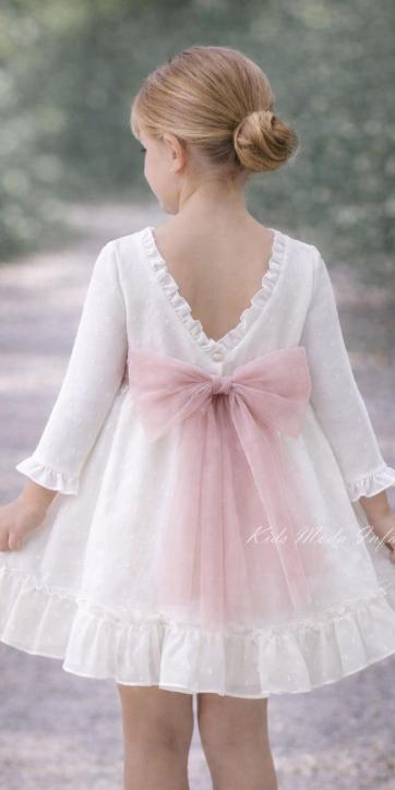 Vestido ceremonia niña manga larga plumeti cristal y fajín rosa empolvado 32111ML [2]