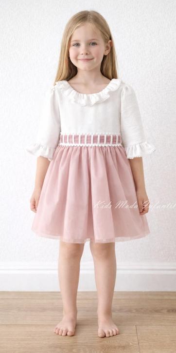 Vestido Niña Ceremonia y Arras Tul Rosa Empolvado Media Manga – Fabricación Española | Kids Moda Infantil [2]
