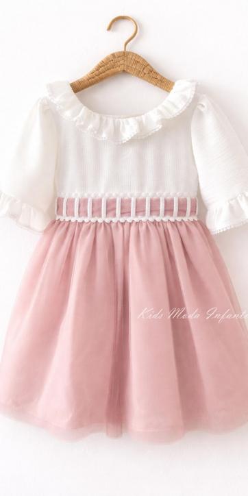 Vestido Niña Ceremonia y Arras Tul Rosa Empolvado Media Manga – Fabricación Española | Kids Moda Infantil [3]