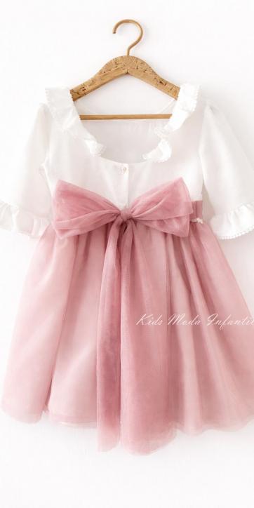 Vestido Niña Ceremonia y Arras Tul Rosa Empolvado Media Manga – Fabricación Española | Kids Moda Infantil [1]