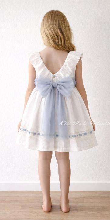 Vestido ceremonia niña plumeti blanco y tul azul empolvado Basmarti 25131 [2]