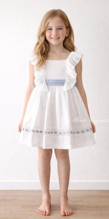 Vestido ceremonia niña plumeti blanco y tul azul empolvado Basmarti 25131