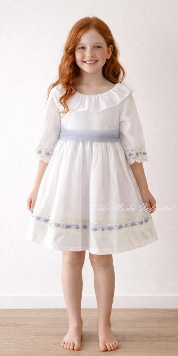 Vestido ceremonia niña media manga plumeti blanco y tul azul empolvado Basmarti 25130
