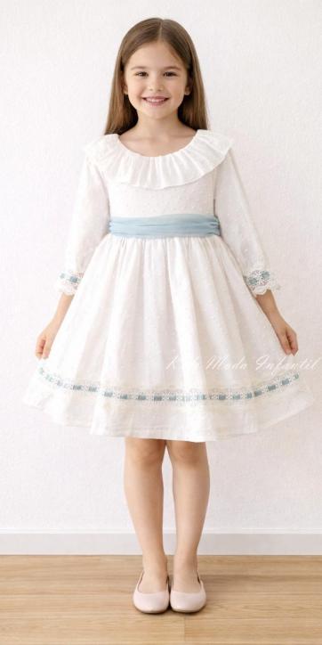 Vestido ceremonia niña media manga plumeti blanco y tul verde empolvado Basmarti 25130