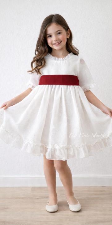 Vestido arras niña plumeti cristal con fajín burdeos Eva Martinez Artesanía 32111 [4]