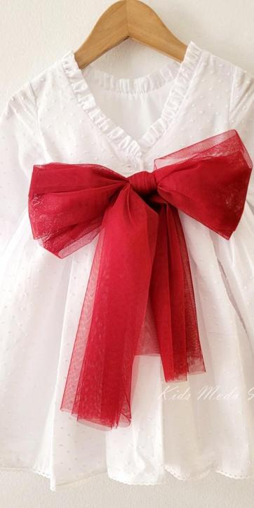 Vestido Ceremonia y Arras Niña Plumeti Blanco Tul Burdeos – Familia 7 | Eva Martínez Artesanía [4]