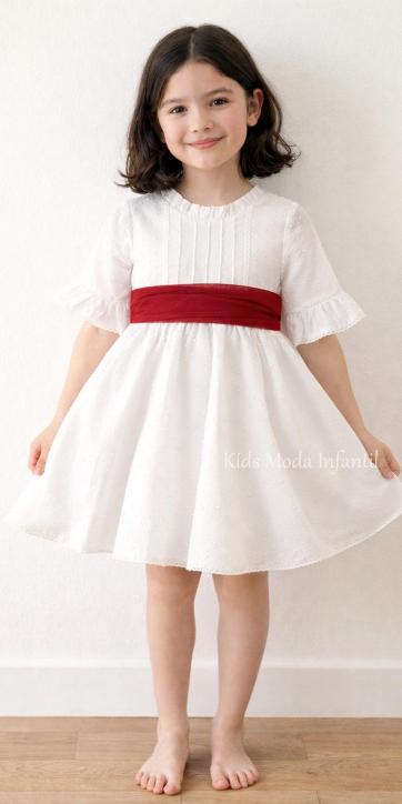 Vestido Ceremonia y Arras Niña Plumeti Blanco Tul Burdeos – Familia 7 | Eva Martínez Artesanía