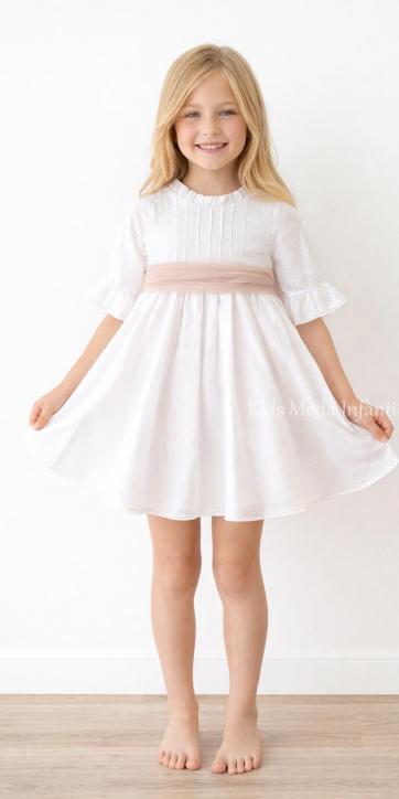 Vestido Ceremonia y Arras Niña Plumeti Blanco con Tul Camel | Familia 7 – Eva Martínez Artesanía