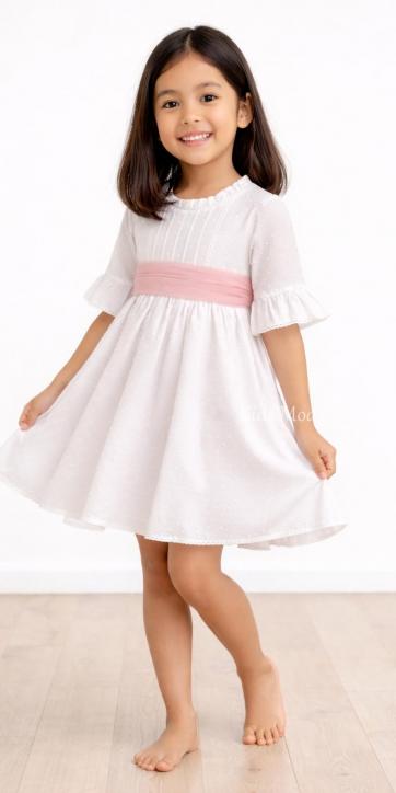 Vestido Ceremonia y Arras Niña Plumeti Blanco con Tul Rosa Empolvado – Familia 7 | Eva Martínez Artesanía [2]