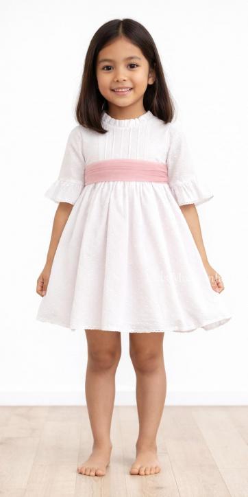 Vestido Ceremonia y Arras Niña Plumeti Blanco con Tul Rosa Empolvado – Familia 7 | Eva Martínez Artesanía [6]