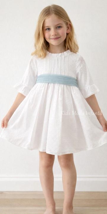 Vestido Ceremonia y Arras Niña Plumeti Blanco con Tul Verde Agua | Familia 7 – Eva Martínez Artesanía [3]