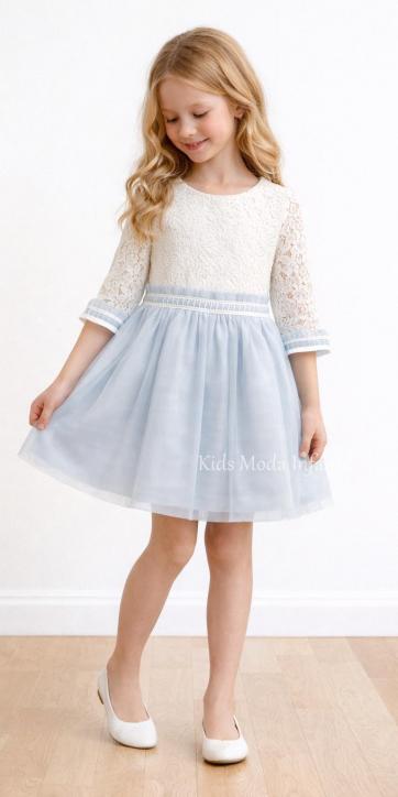 Vestido niña ceremonia encaje y tul azul empolvado manga francesa Basmarti [0]